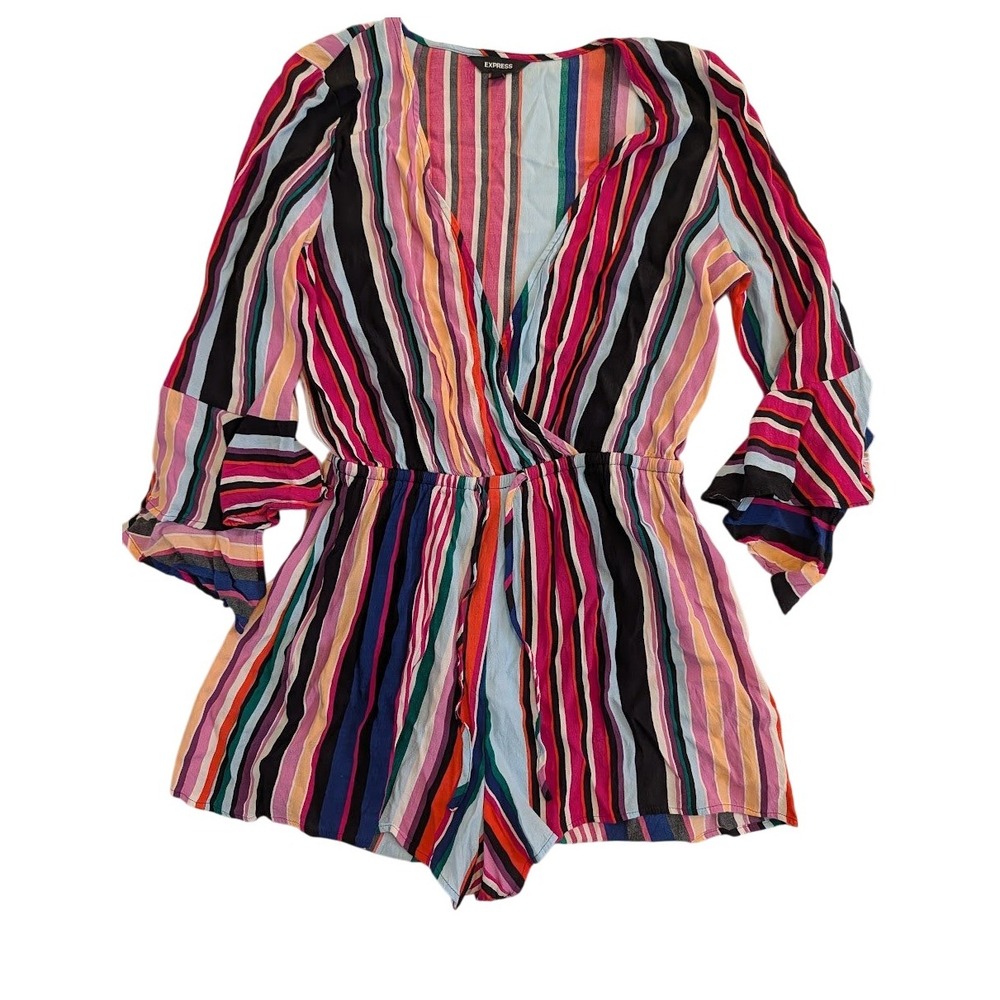 Express Romper Womens Small Multicolor Striped V Neck Ruffle Sleeve